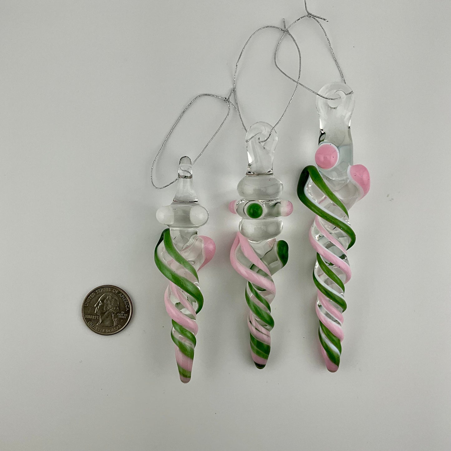 3 Pack of Cadillac Pink and Sparkly Green Icicle Ornament  "Holiday Special"