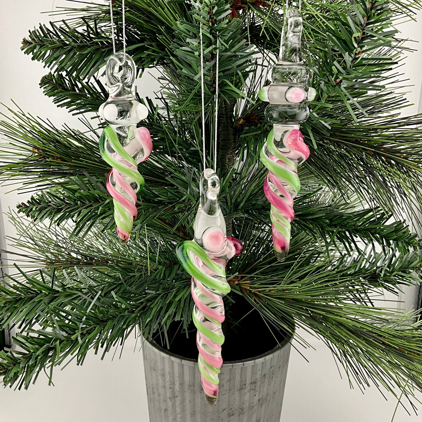 3 Pack Telemagenta and Plantphibian Green Glass Icicle Ornament  "Holiday Special"