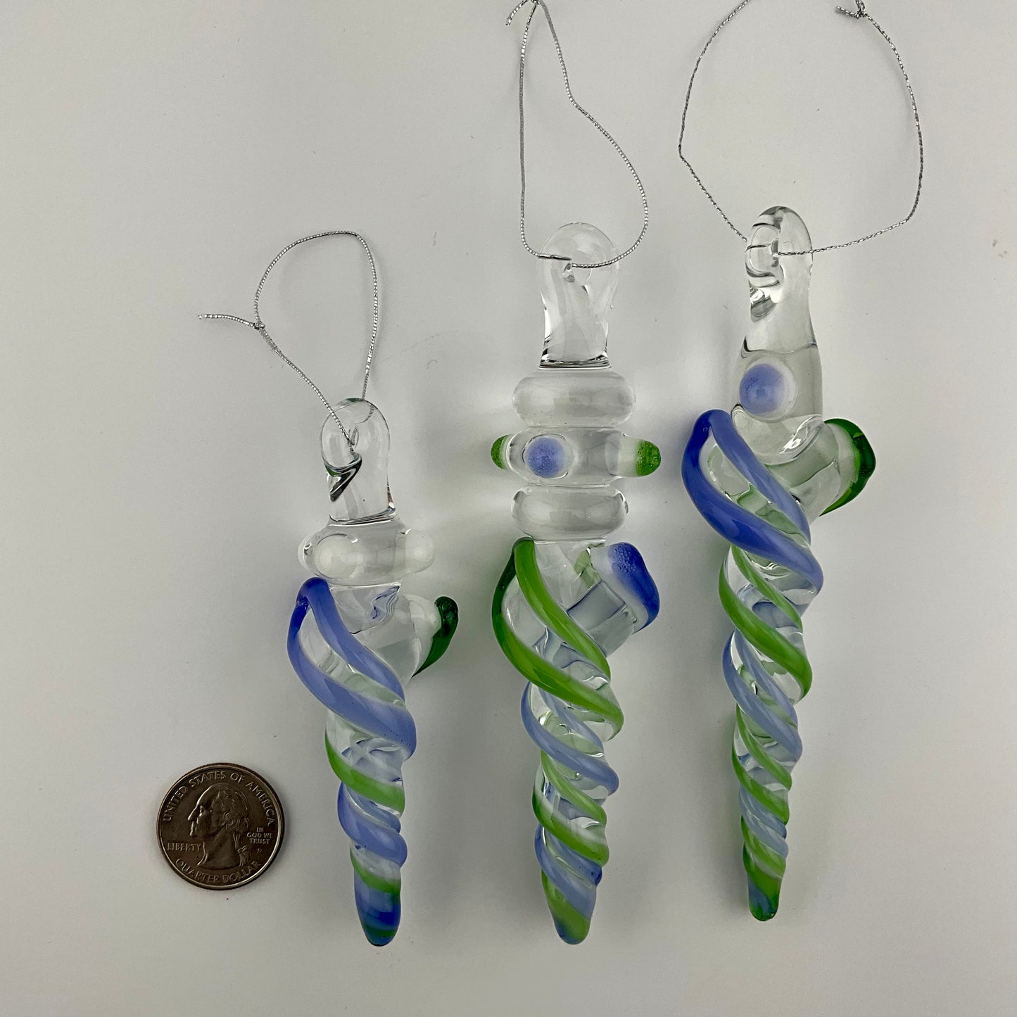 3 Pack Plantphibian Green and Neptune Blue Glass Icicle Ornament  "Holiday Special"