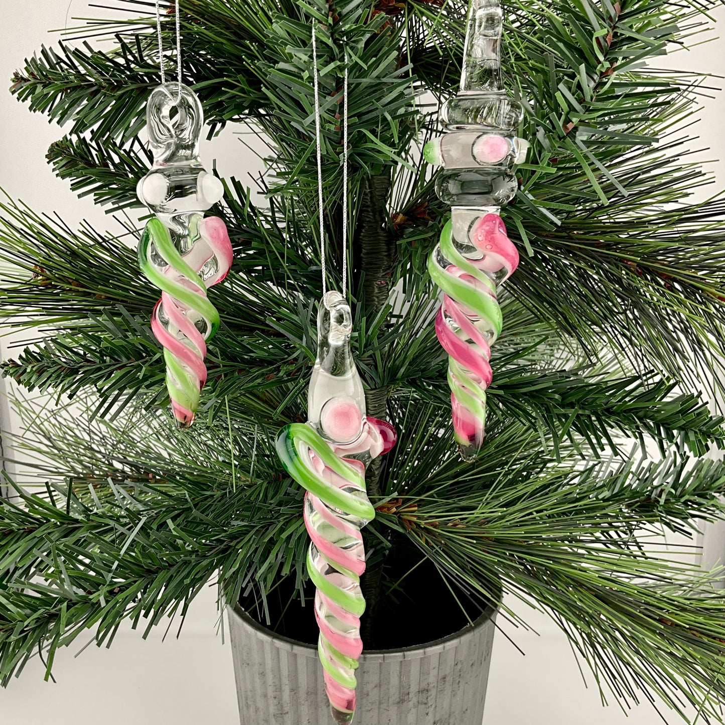 3 Pack Telemagenta and Plantphibian Green Glass Icicle Ornament  "Holiday Special"