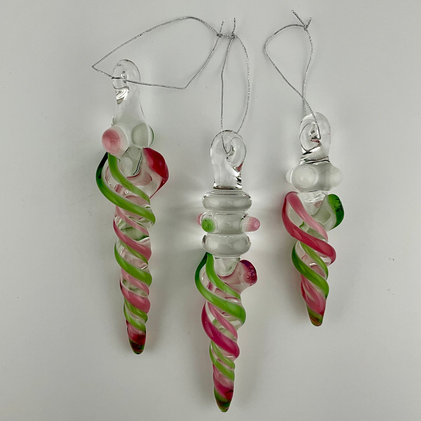 3 Pack Telemagenta and Plantphibian Green Glass Icicle Ornament  "Holiday Special"