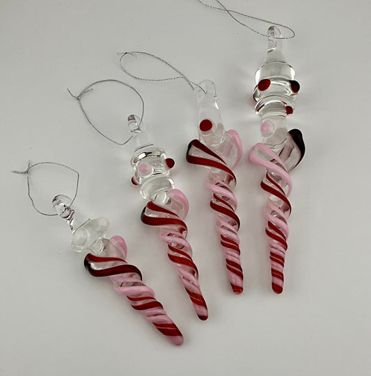 4 Pack of Cadillac Pink and Elvis Red over White Icicle Ornaments