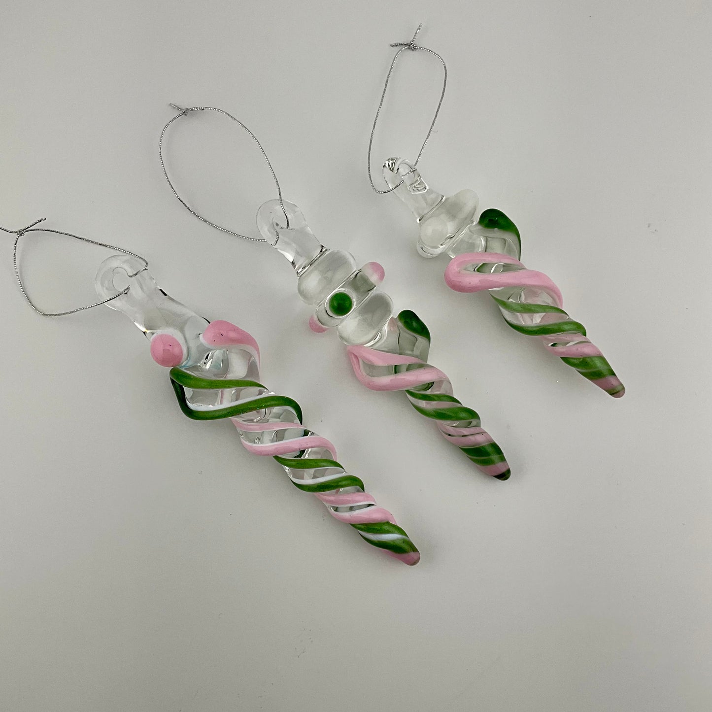 3 Pack of Cadillac Pink and Sparkly Green Icicle Ornament  "Holiday Special"