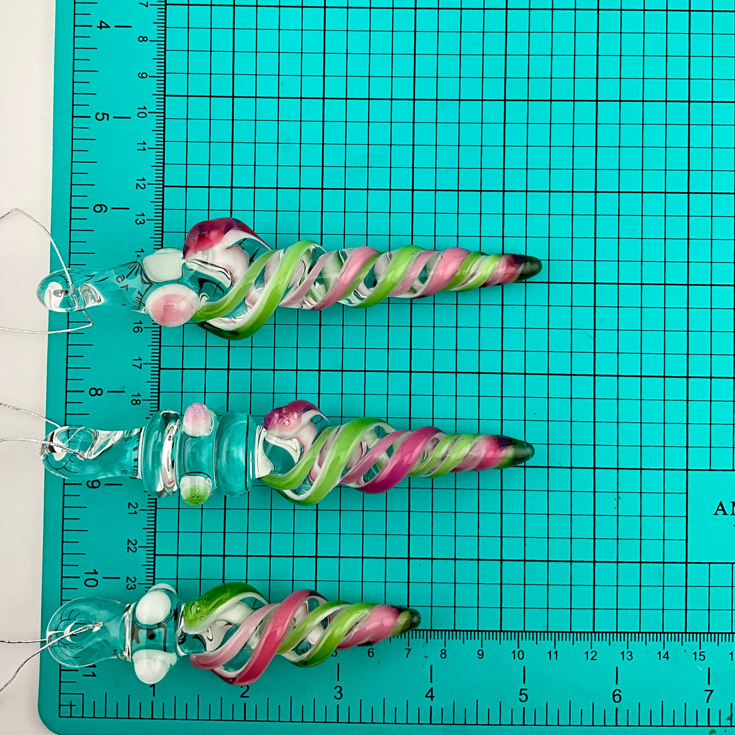 3 Pack Telemagenta and Plantphibian Green Glass Icicle Ornament  "Holiday Special"